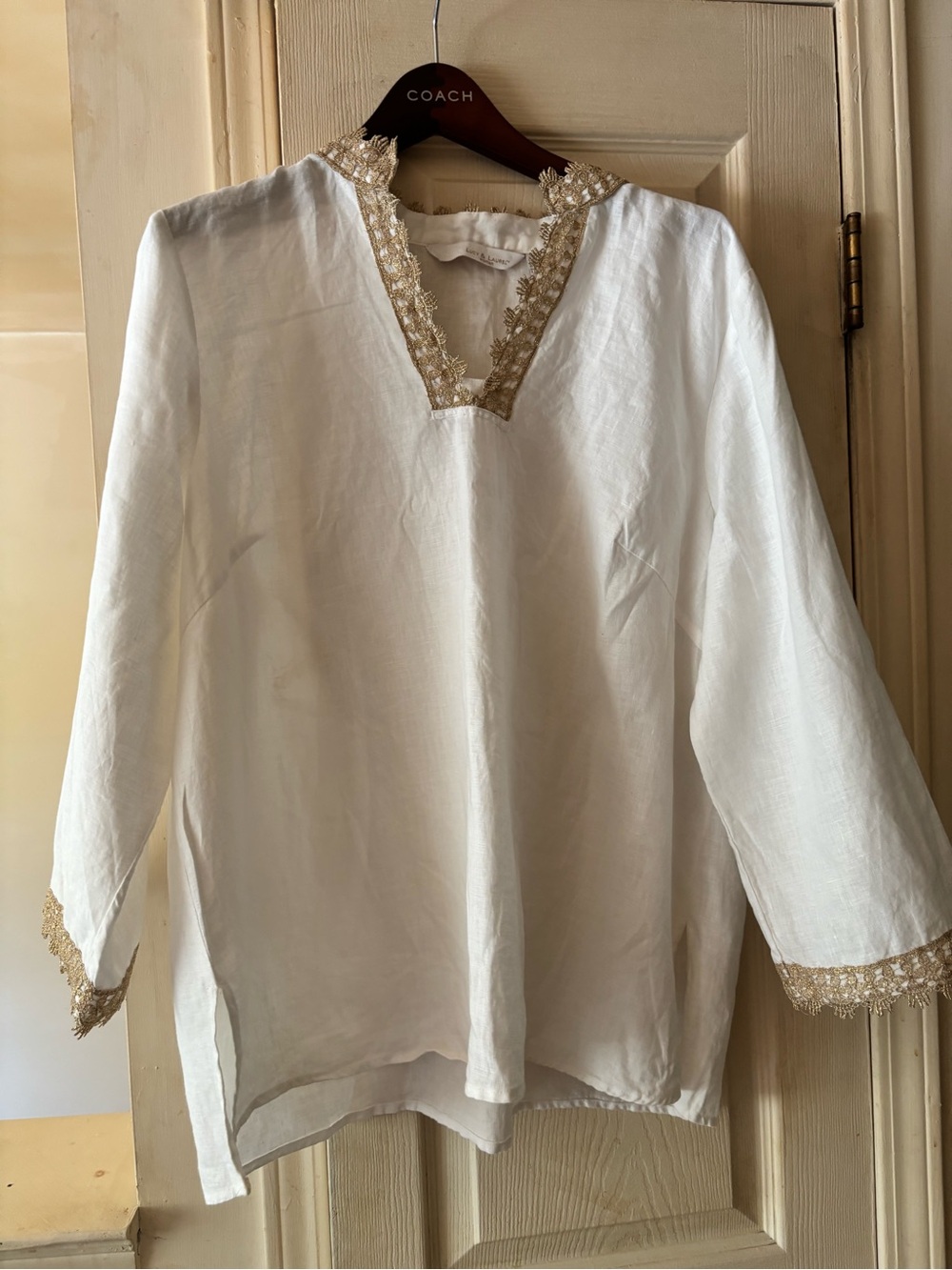 White Linen Tunic with Gold Lace Trim -